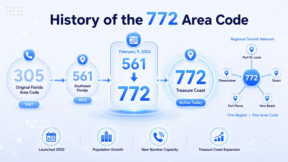History of the 772 area code — from Florida's original 305 area code in 1947 through the 1995 creation of 561 and the 2002 geographic split that gave the Treasure Coast its own 772 prefix