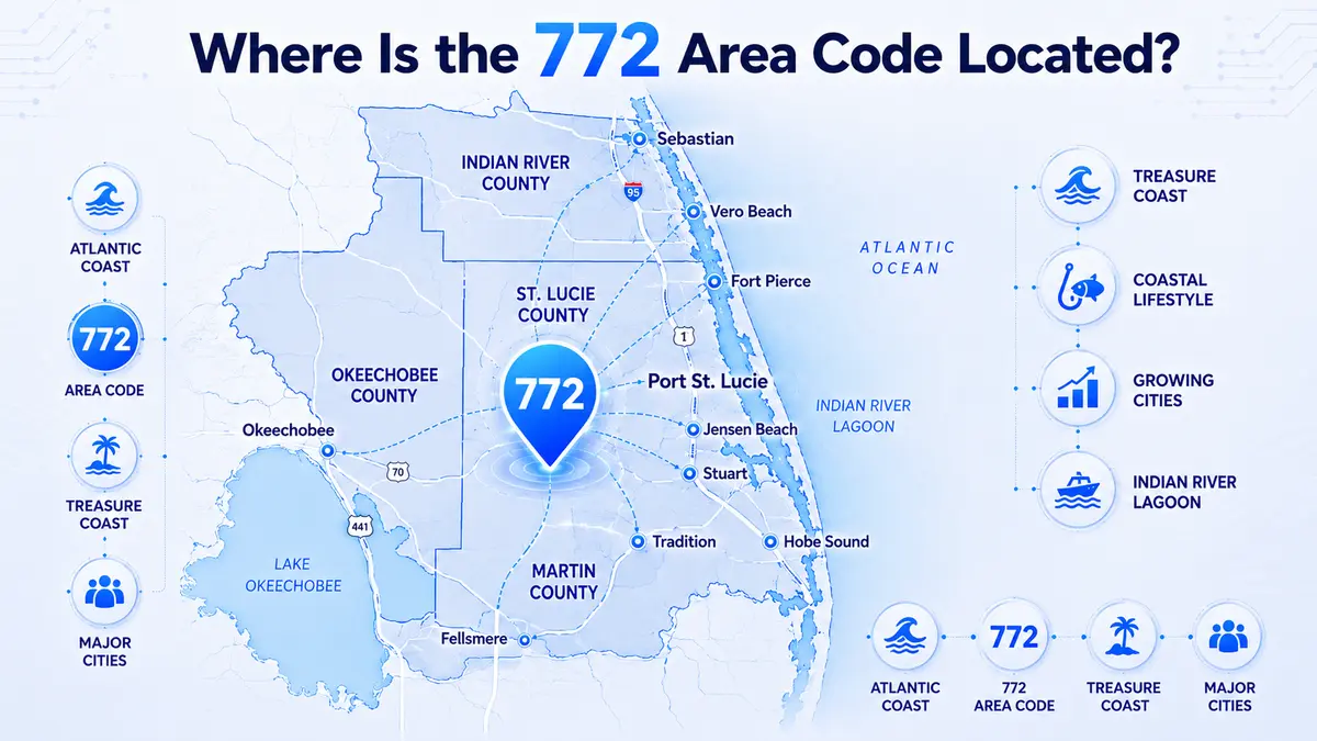 772 area code location map — Florida Treasure Coast coverage including St. Lucie, Indian River, Martin, and Okeechobee Counties with Port St. Lucie, Fort Pierce, Stuart, Vero Beach, and Okeechobee
