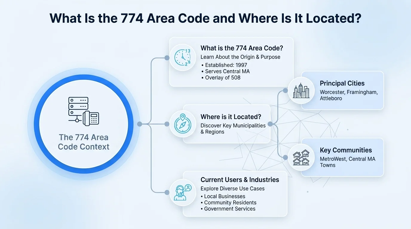 What is the 774 area code and where is it located — southeastern Massachusetts overlay coverage infographic