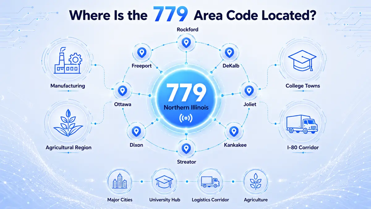 779 area code location map — northern Illinois coverage including Winnebago, Will, Kankakee, DeKalb, LaSalle, Stephenson, Lee, Ogle, Grundy, and Boone Counties with Rockford, Joliet, Kankakee, DeKalb, Freeport, Ottawa, Dixon, and Streator