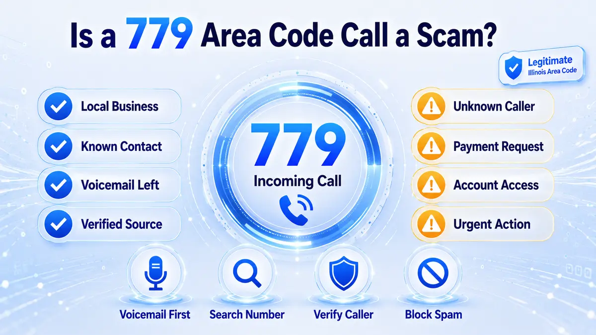 Person reviewing a suspicious call on a smartphone — how to identify and verify a 779 area code number and protect yourself from phone scams targeting northern Illinois residents and businesses