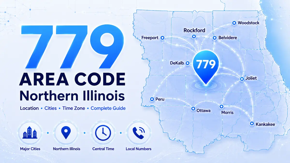 Rockford Illinois skyline on the Rock River — 779 area code overlay serving Winnebago County, Will County, Kankakee, DeKalb, LaSalle, and Stephenson Counties alongside the 815 area code in northern Illinois