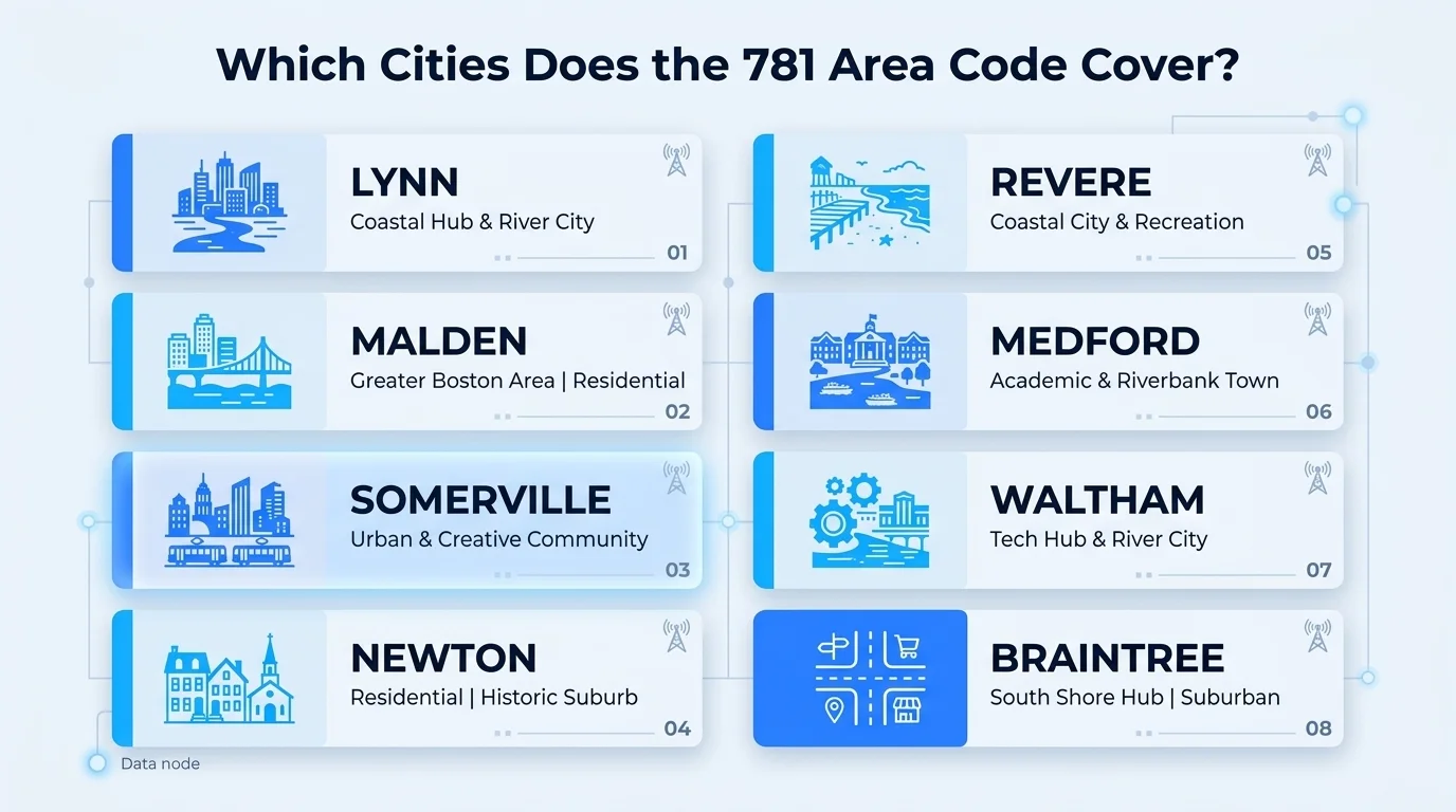 Which cities does the 781 area code cover — Quincy, Lynn, Salem, Waltham, Woburn and more