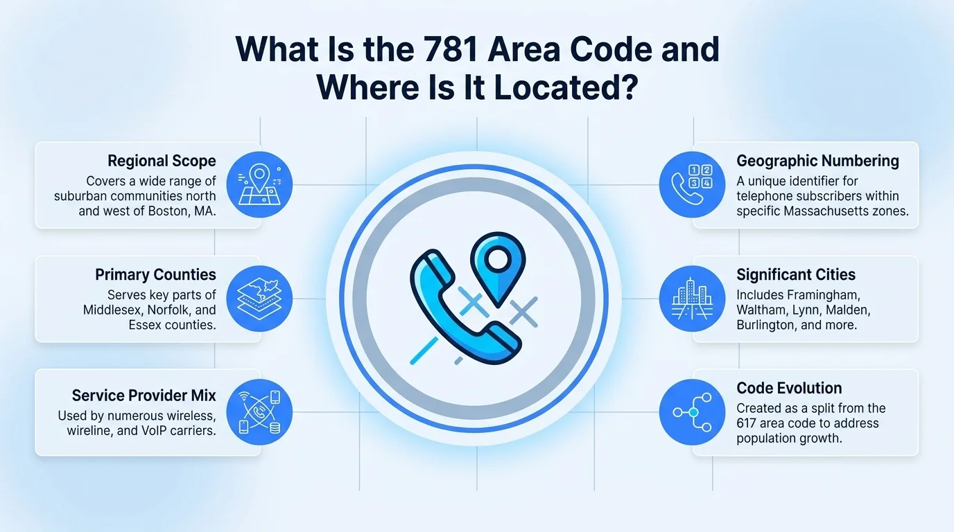 What is the 781 area code and where is it located — Boston suburbs coverage infographic