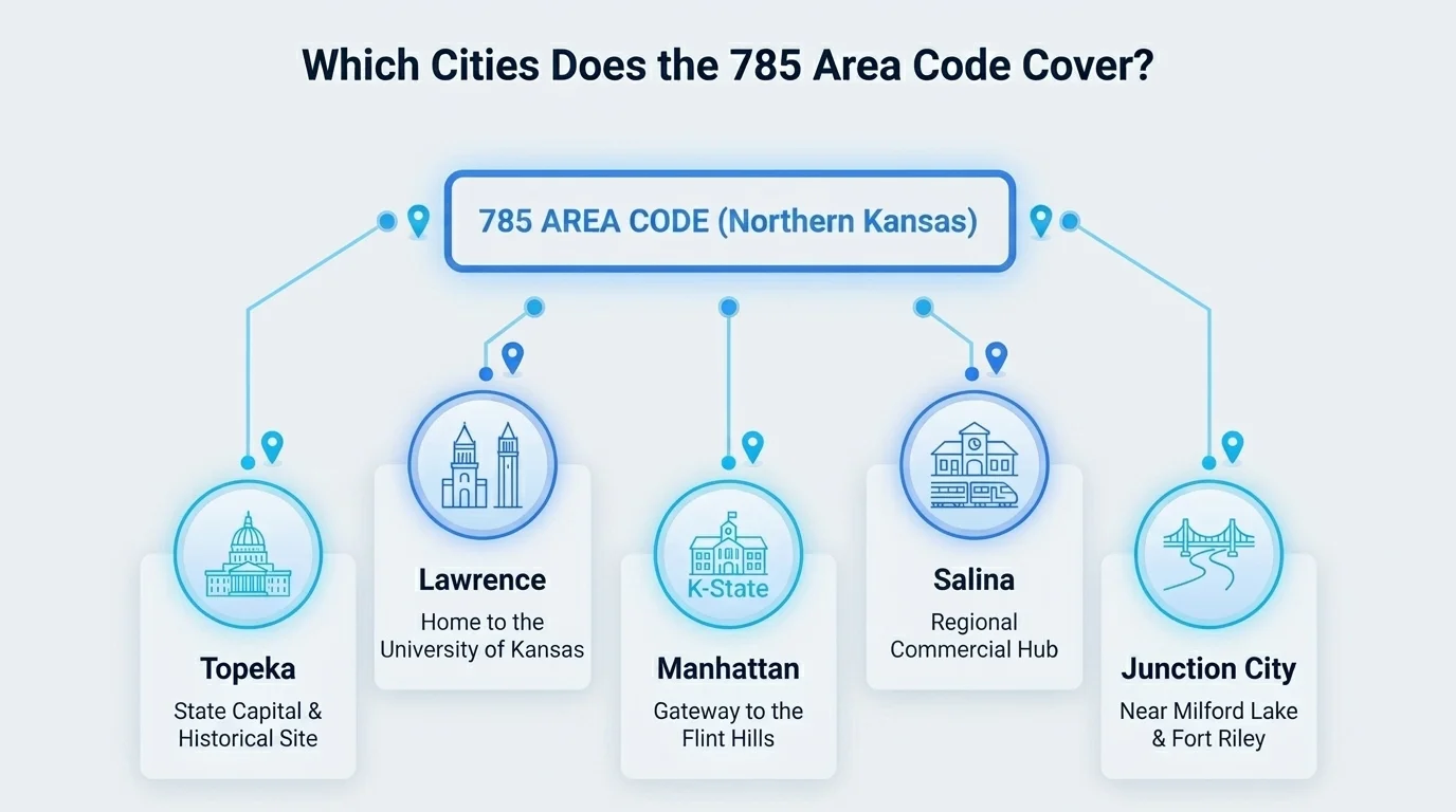 Which cities does the 785 area code cover — Topeka, Lawrence, Manhattan, Salina, Emporia, Junction City and more