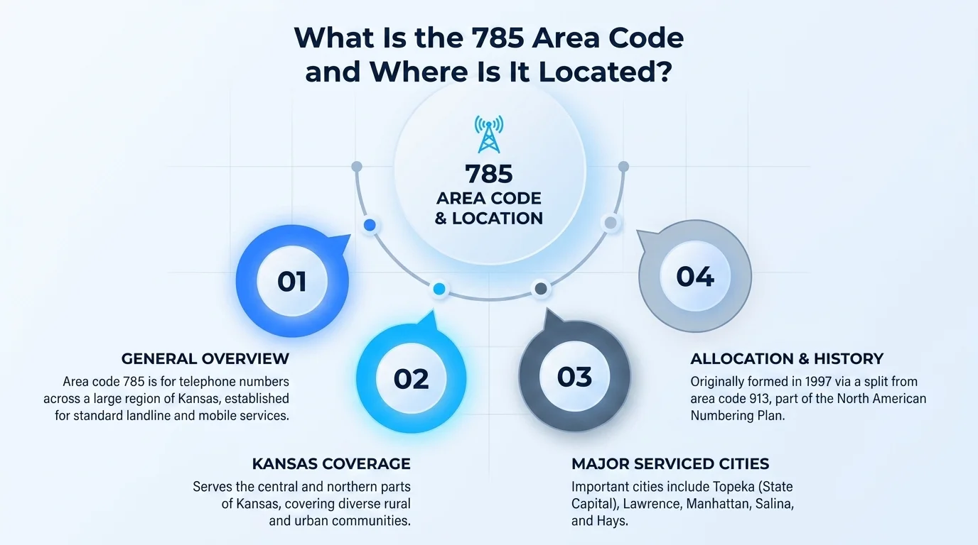 What is the 785 area code and where is it located — northern and western Kansas coverage infographic