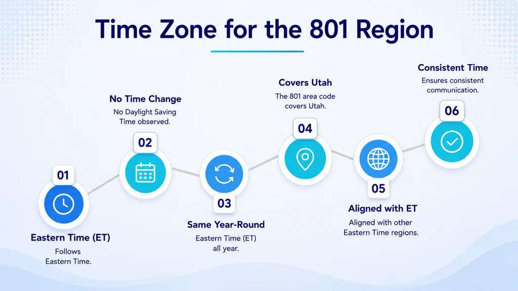 Time zone for the 801 area code region — Mountain Standard Time and Mountain Daylight Time