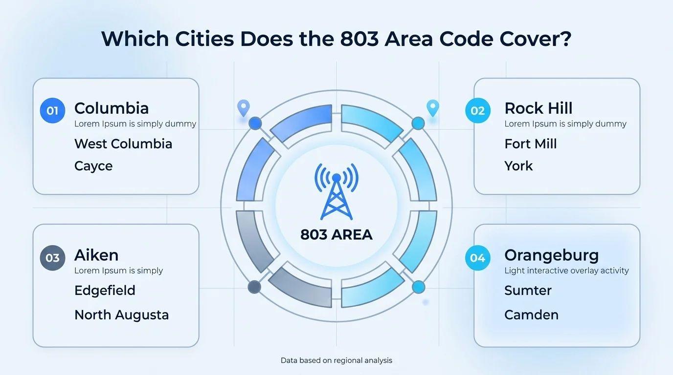 Which cities does the 803 area code cover — Columbia, Rock Hill, Aiken, Sumter, Orangeburg and more