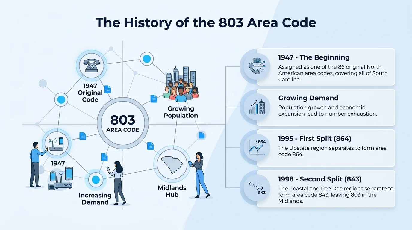 History of the 803 area code — from South Carolina's original 1947 statewide code to the 1995 and 1998 geographic splits
