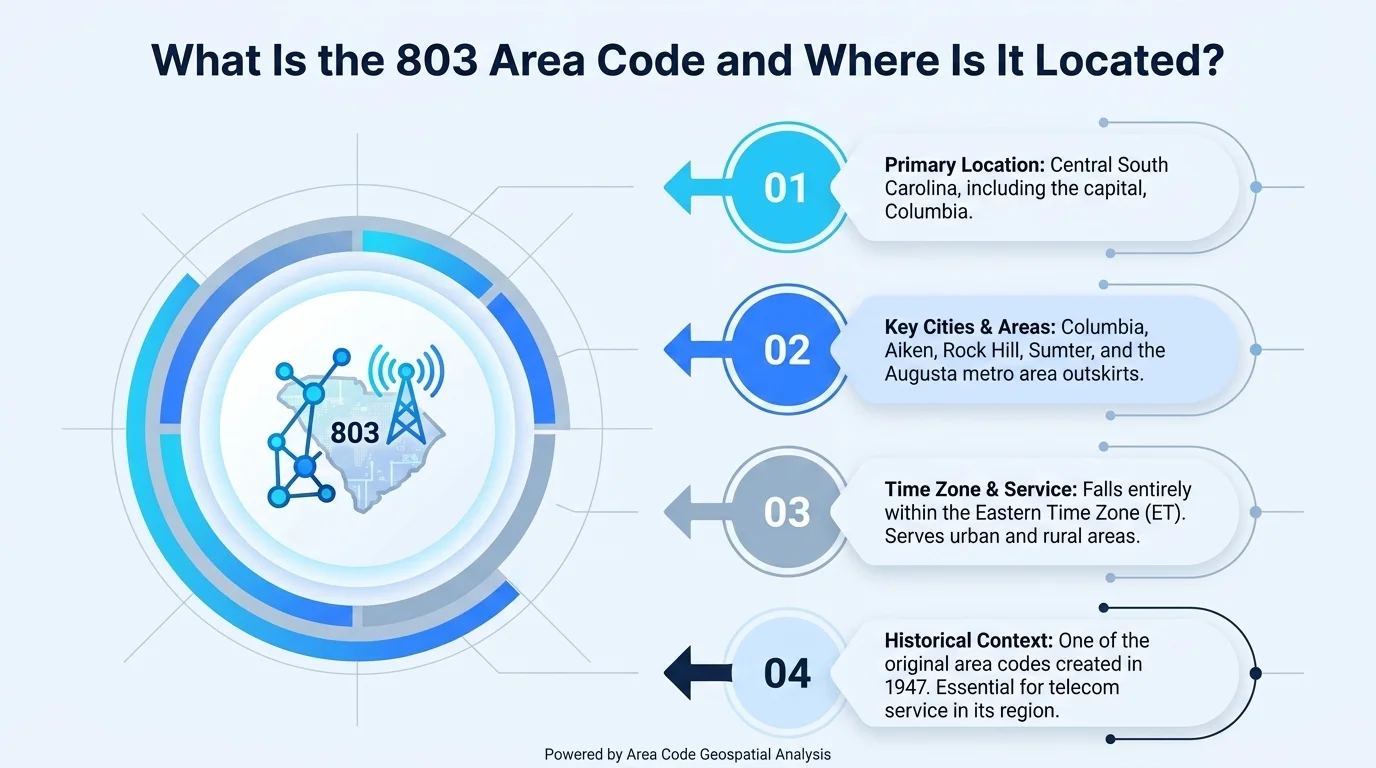 What is the 803 area code and where is it located — central South Carolina coverage infographic