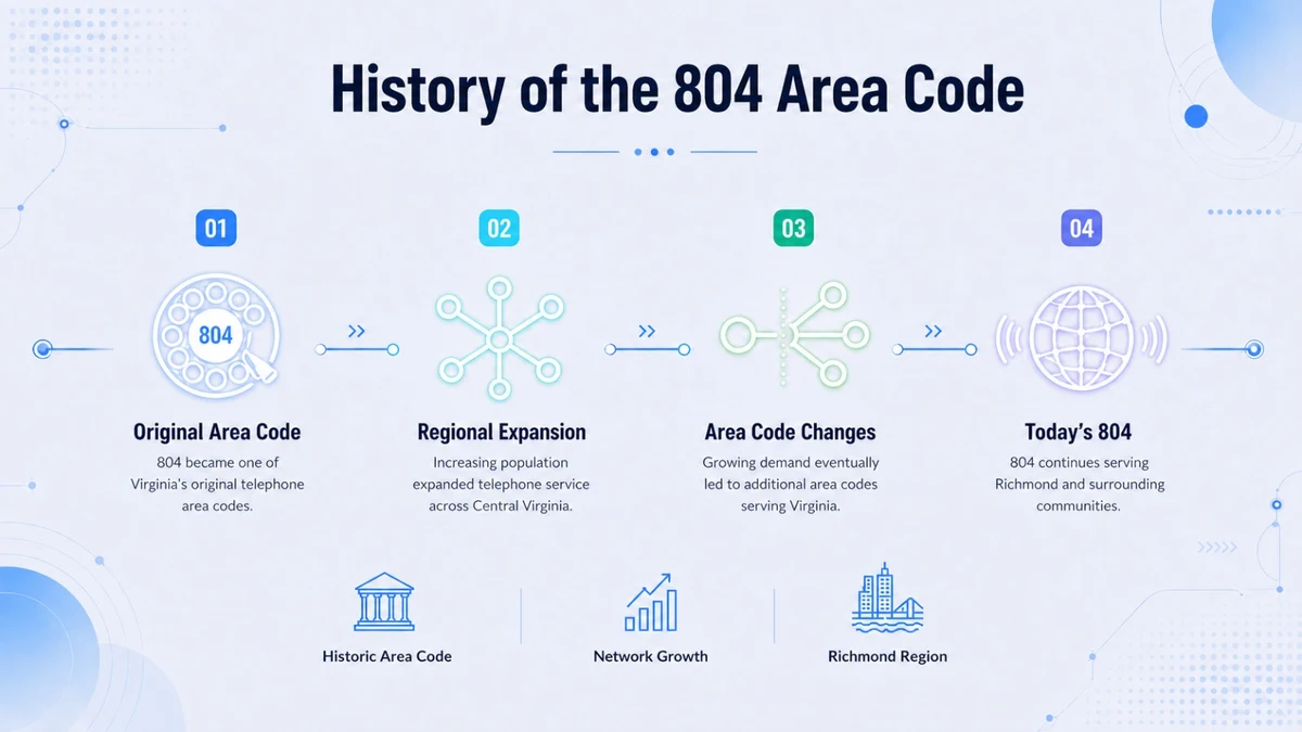 History of the 804 area code — from Virginia's original 1947 NANP assignment through the 1995 creation of 757 for Hampton Roads and the 2001 introduction of 434 for southwestern Virginia, focusing 804 on the Greater Richmond metro
