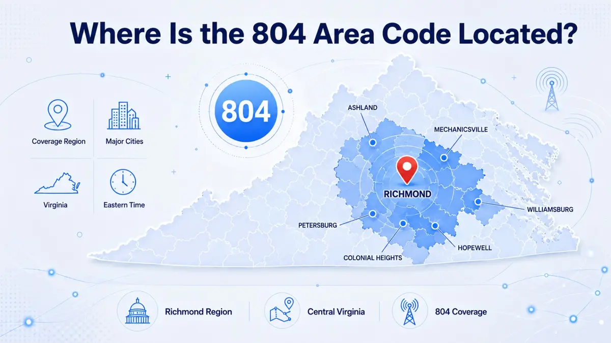 804 area code location map — central Virginia coverage including Richmond, Petersburg, Hopewell, Colonial Heights, Henrico County, Chesterfield County, Hanover County, and surrounding central Virginia communities