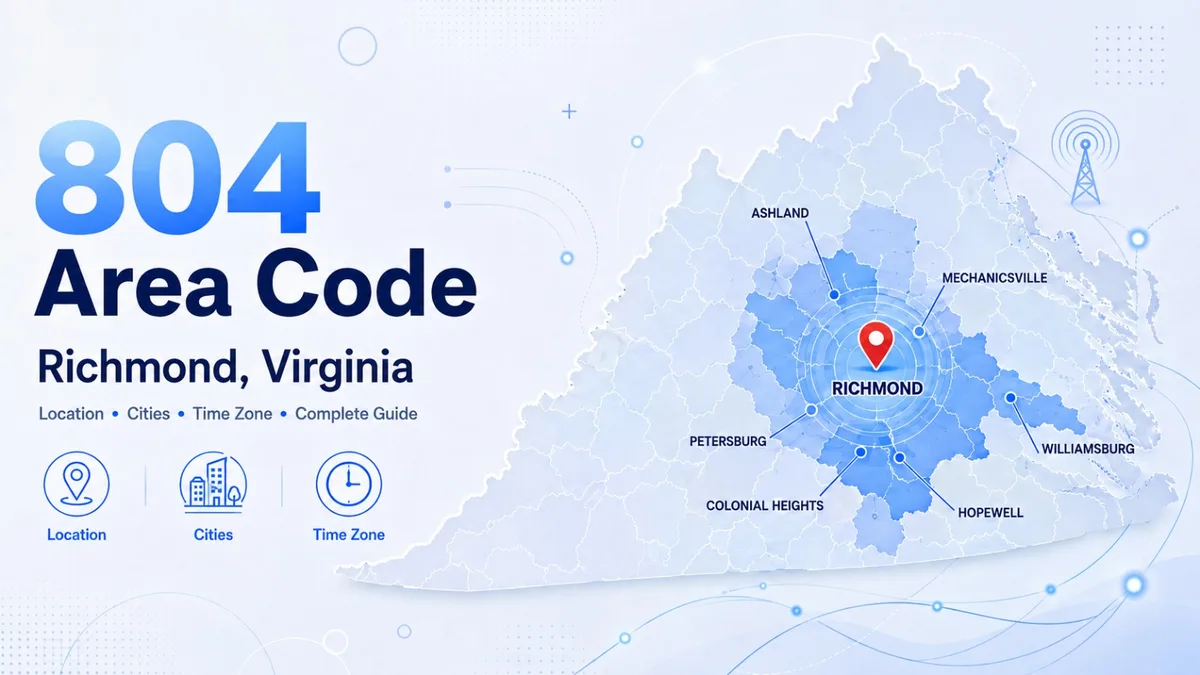 Richmond Virginia skyline along the James River — 804 area code covering the Greater Richmond metro including Petersburg, Hopewell, Colonial Heights, Henrico County, and Chesterfield County in central Virginia