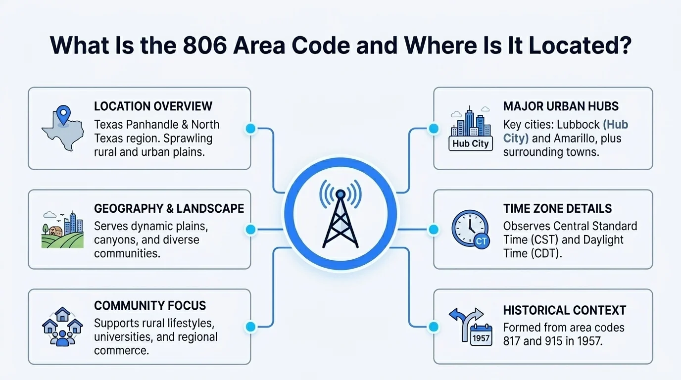 What is the 806 area code and where is it located — Texas Panhandle and South Plains coverage infographic