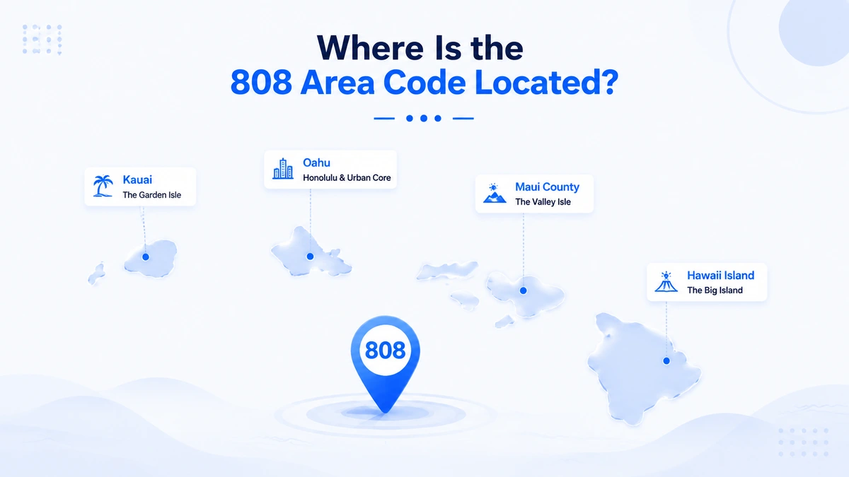 Where is the 808 area code located — map of Hawaii showing Honolulu and Oahu, Maui and Kahului, the Big Island and Hilo, and Kauai