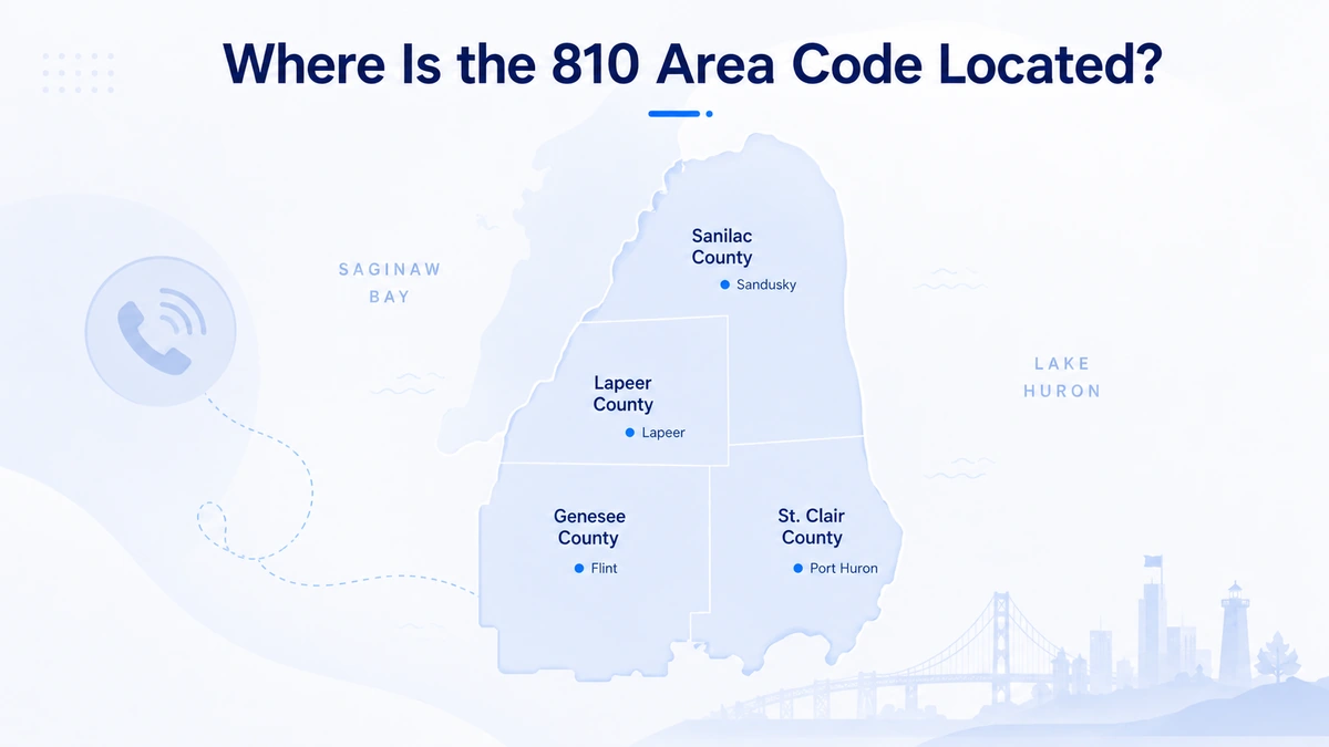 Where is the 810 area code located — map of Southeast Michigan's Thumb peninsula showing Genesee County and Flint, St. Clair County and Port Huron, and the rural Lapeer and Sanilac counties along Lake Huron