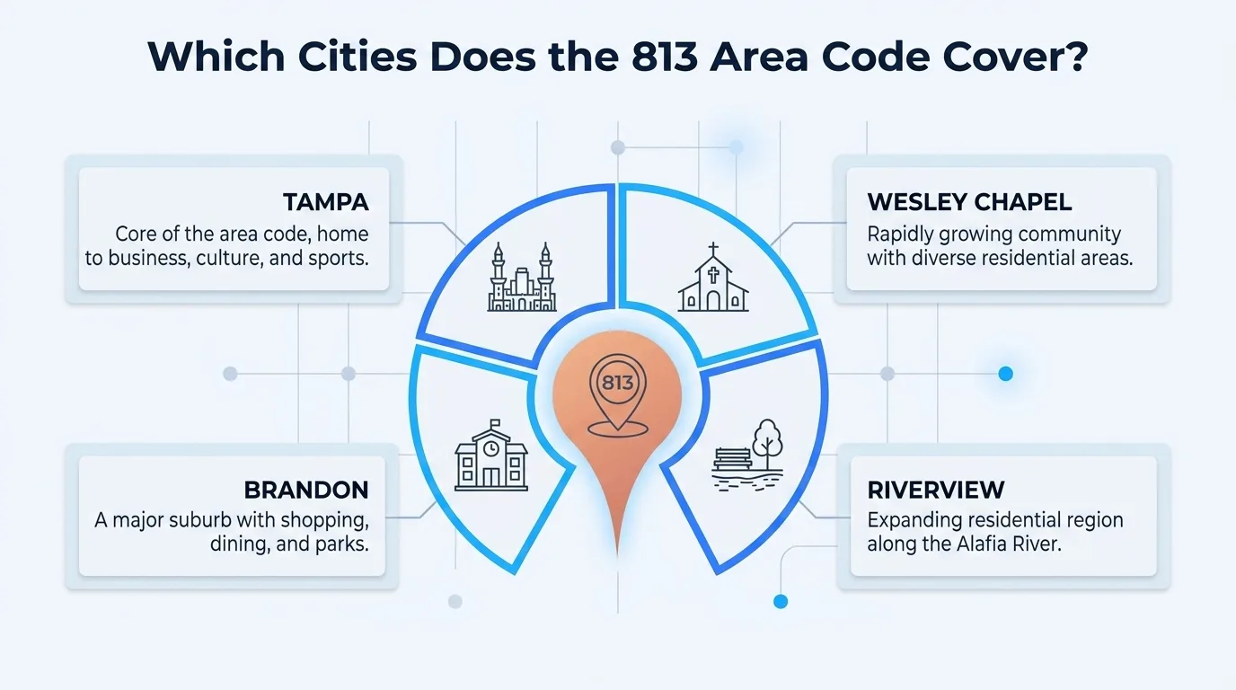 Which cities does the 813 area code cover — Tampa, Wesley Chapel, Brandon, Riverview