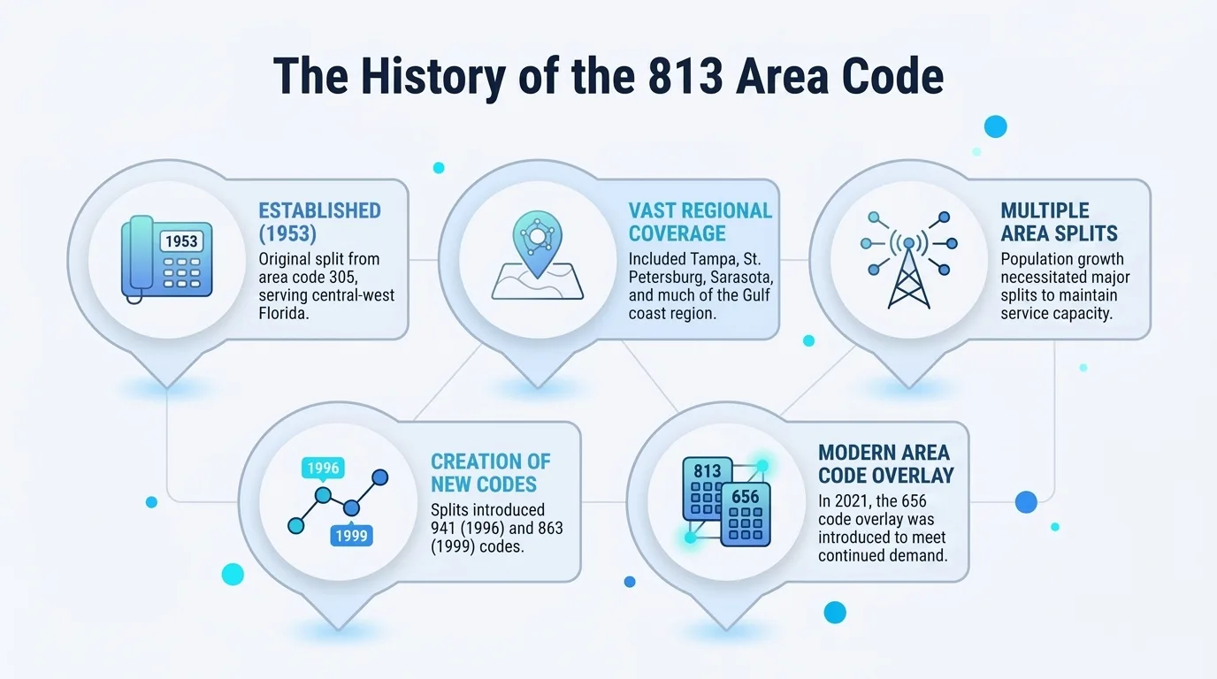 The history of the 813 area code — established 1953 through the 656 overlay