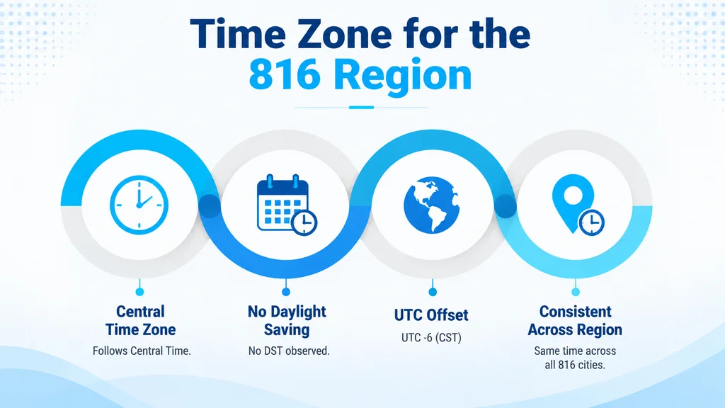 Time zone for the 816 area code region — Central Standard Time and Central Daylight Time