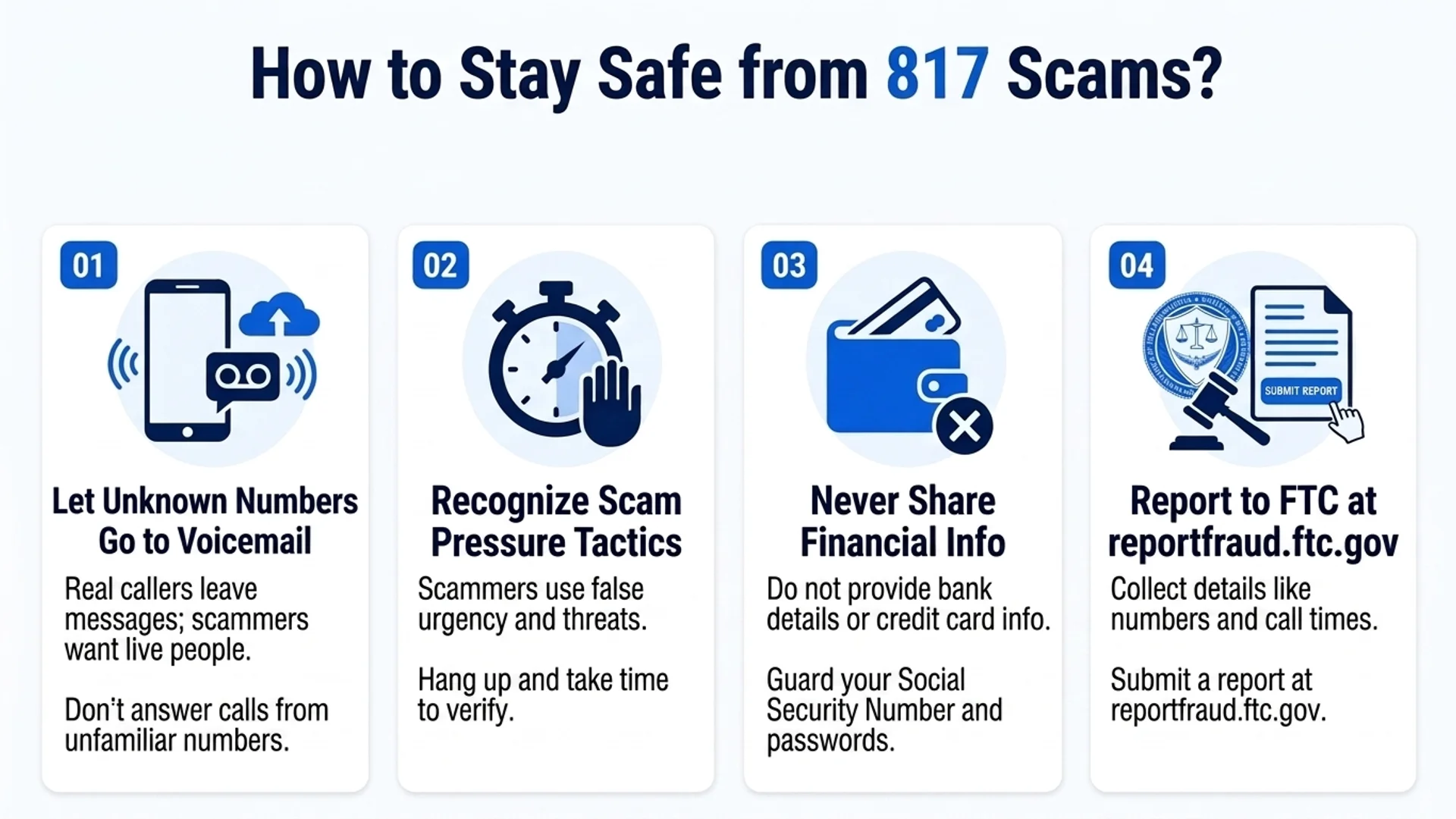 How to stay safe from 817 scams — let unknown numbers go to voicemail, recognize pressure tactics, never share financial info, report to the FTC