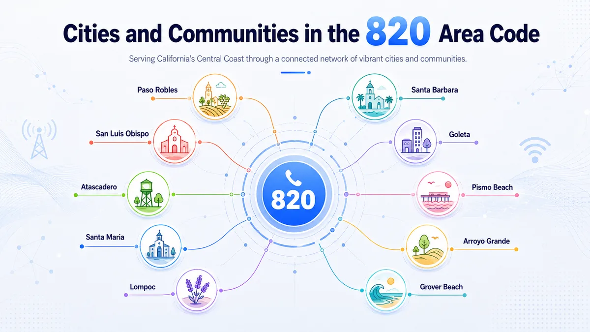 Cities in the 820 area code — Santa Barbara, Ventura, Oxnard, Thousand Oaks, Camarillo, Simi Valley, and Moorpark across Ventura and Santa Barbara counties in coastal California