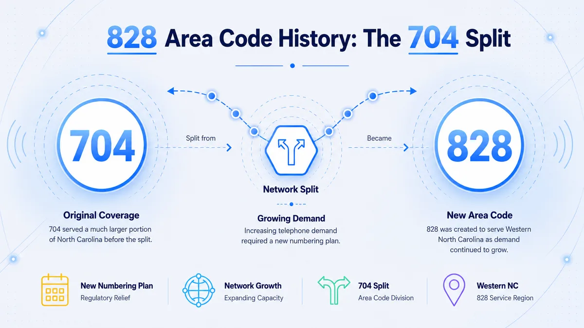 828 area code history — North Carolina telephone history from the original 704 area code covering all of NC, the 1954 NANP assignment, the 919 split, and the 1998 creation of 828 for western North Carolina