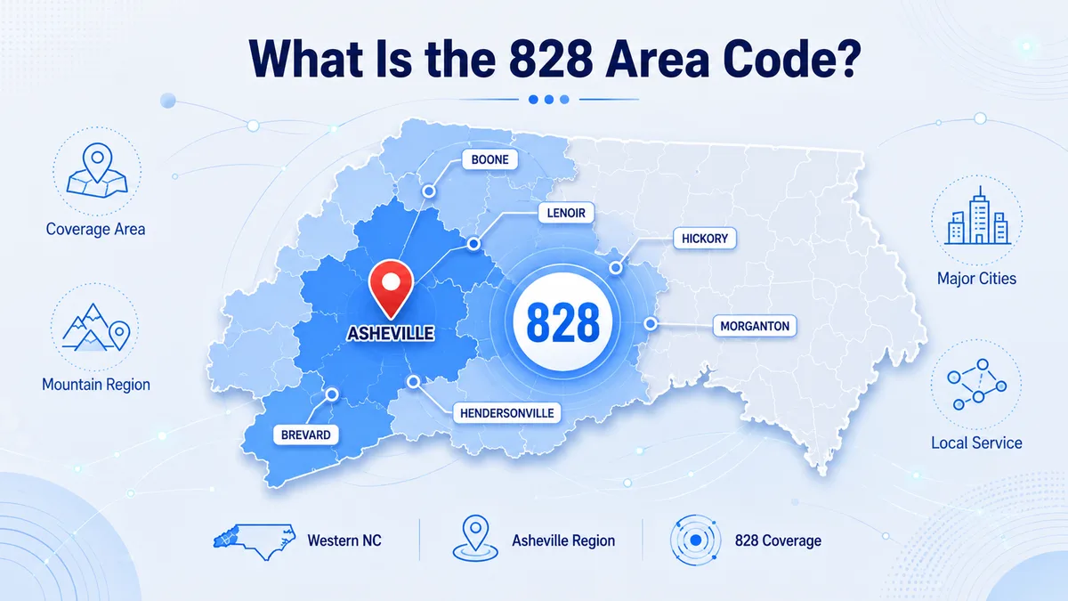 What is the 828 area code — western North Carolina coverage map showing Asheville, Hickory, Boone, Hendersonville, Morganton, Brevard, Waynesville, and the Blue Ridge Mountain region