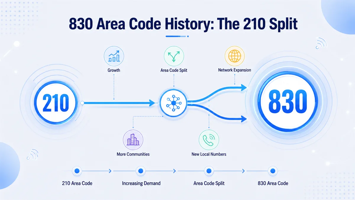 830 area code history — Texas telephone history from the original 512 area code, the San Antonio 210 split in 1992, and the 1997 creation of 830 for the Texas Hill Country and south-central Texas