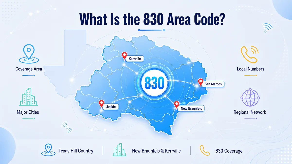 What is the 830 area code — south-central Texas and Texas Hill Country coverage map showing New Braunfels, Kerrville, Del Rio, Eagle Pass, Uvalde, Boerne, and Fredericksburg