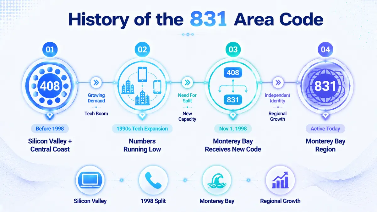 History of the 831 area code — from California's original 408 prefix established in 1947 through Silicon Valley's explosive 1990s growth and the November 1998 geographic split that gave the Monterey Bay coast its own 831 area code