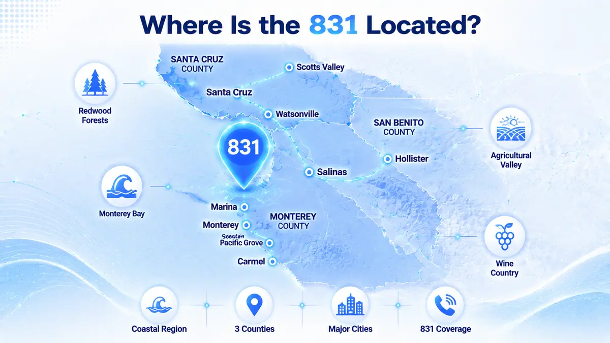 831 area code location map — central California Monterey Bay coverage including Santa Cruz County, Monterey County, and San Benito County with Salinas, Santa Cruz, Monterey, Watsonville, Hollister, Carmel-by-the-Sea, Marina, and Seaside