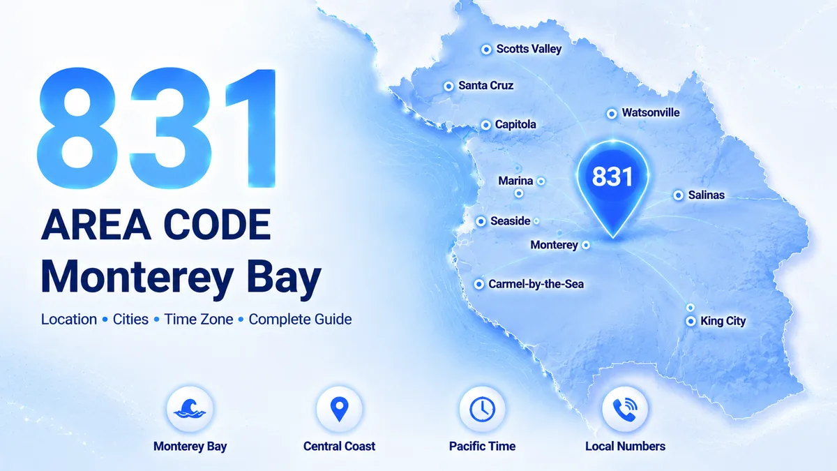 Monterey Bay coastline with Cannery Row and the Pacific Ocean — 831 area code covering Santa Cruz County, Monterey County, and San Benito County in central California including Salinas, Santa Cruz, Monterey, Watsonville, and Hollister
