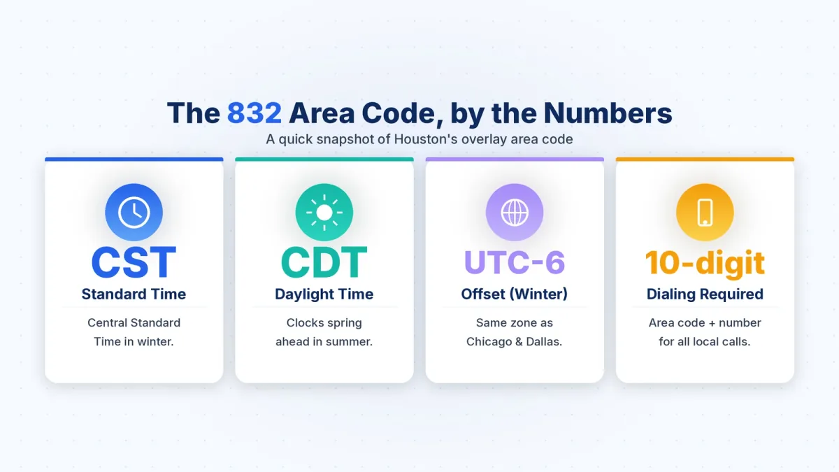 The 832 area code time zone — Central Time (CST/CDT)