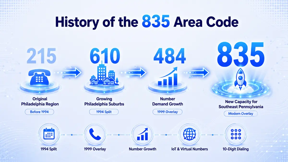 History of the 835 area code — from the original 215 area code serving all of southeastern Pennsylvania through the 1994 creation of 610, the 1999 introduction of the 484 overlay, and the subsequent addition of 835 as a second relief overlay for the Philadelphia suburban corridor