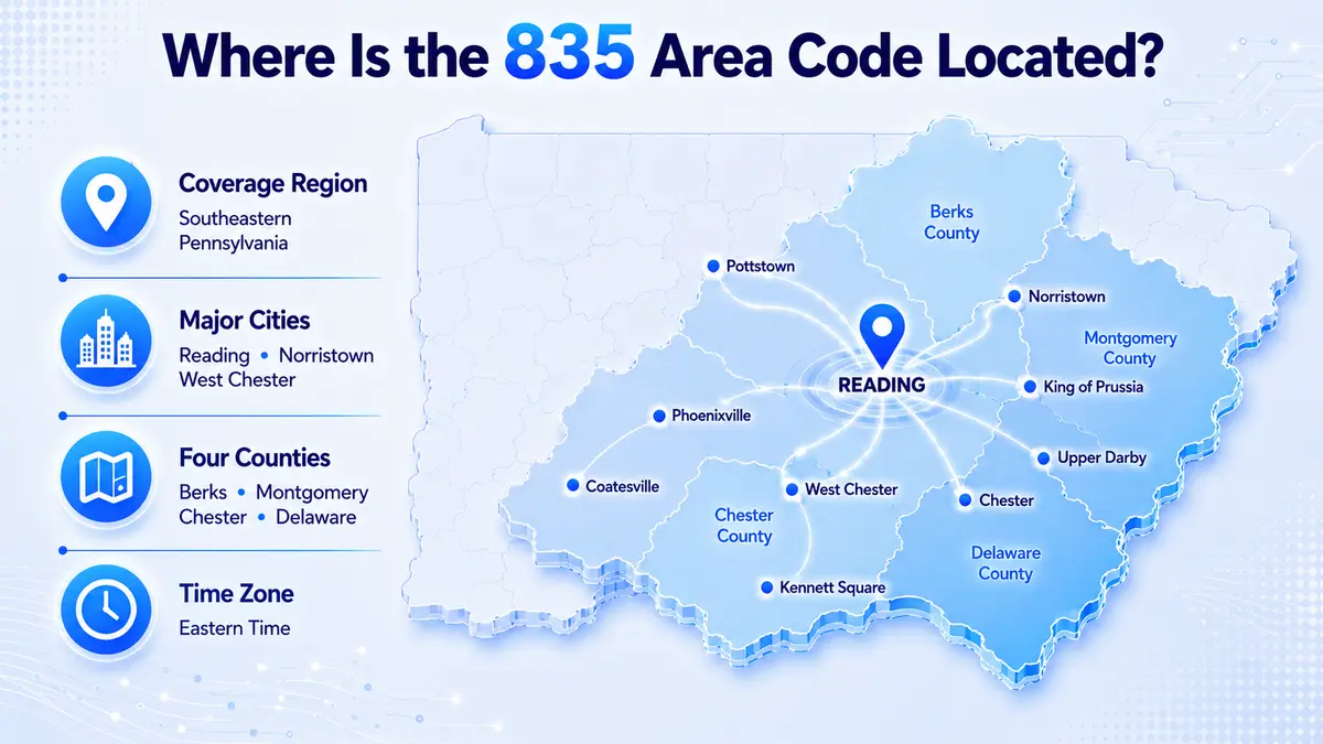 835 area code location map — southeastern Pennsylvania overlay covering Delaware County, Chester County, Montgomery County, and Berks County with major cities Reading, West Chester, Norristown, Upper Darby, King of Prussia, Coatesville, Pottstown, and Phoenixville