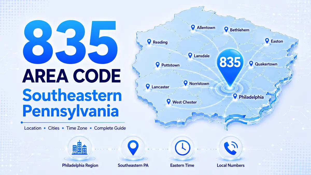 Southeastern Pennsylvania skyline and suburbs — 835 area code overlaying the 610 and 484 prefixes across Delaware County, Chester County, Montgomery County, and Berks County including Reading, West Chester, Norristown, Upper Darby, and King of Prussia on Eastern Time