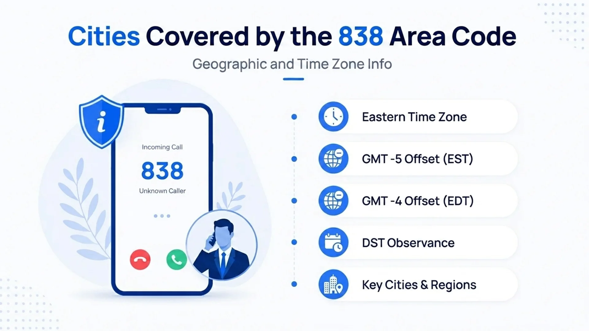 Cities covered by the 838 area code — Eastern Time Zone and key regions