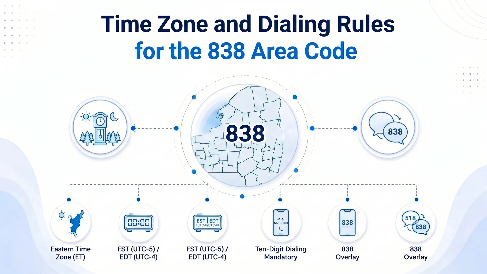 Time zone and dialing rules for the 838 area code — Eastern Time and ten-digit dialing