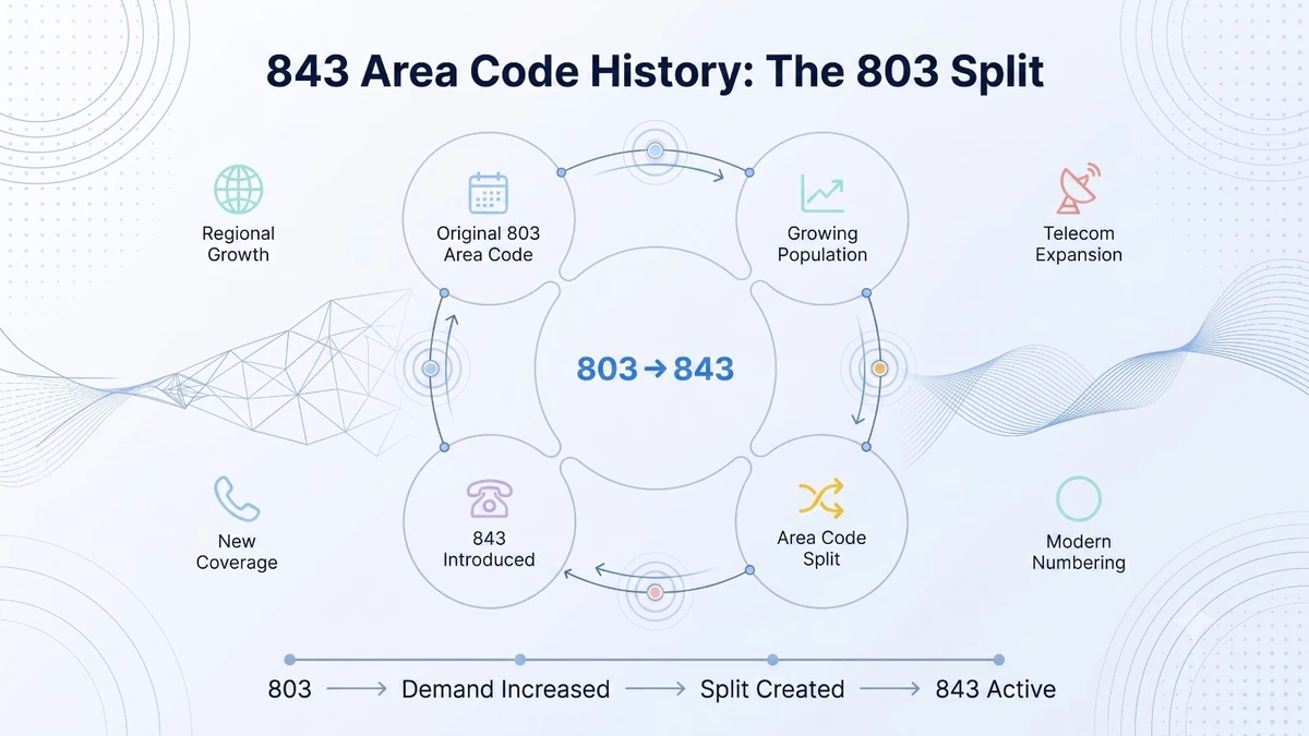 843 area code history — South Carolina telephone history from the original 803 area code covering all of SC in 1954 to the 1998 split creating 843 for the coastal and eastern regions