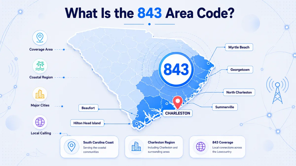 What is the 843 area code — South Carolina coastal coverage map showing Charleston, Myrtle Beach, Hilton Head Island, Florence, Beaufort, Conway, Georgetown, and the Grand Strand