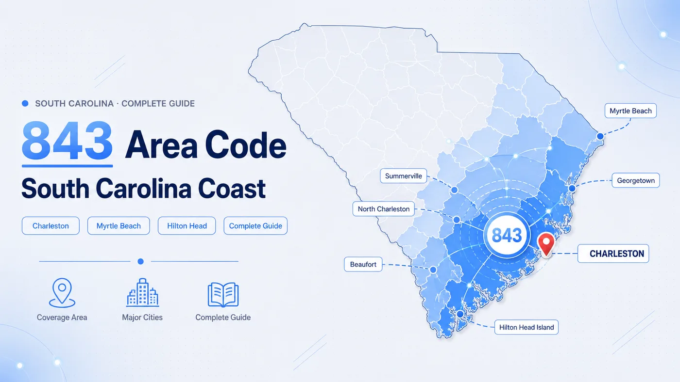 843 area code — South Carolina coastal coverage map showing Charleston, Myrtle Beach, Hilton Head Island, Florence, Beaufort, Conway, Georgetown, and Summerville