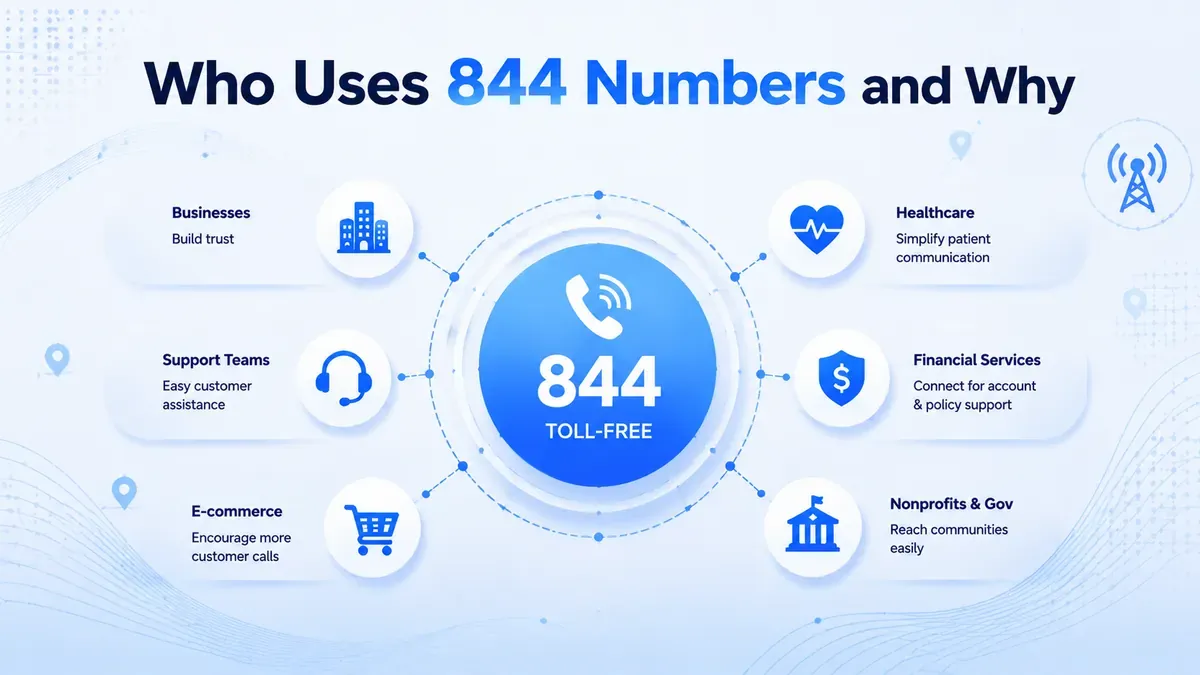 Who uses 844 numbers and why — customer support, healthcare, finance, and businesses across the US and Canada