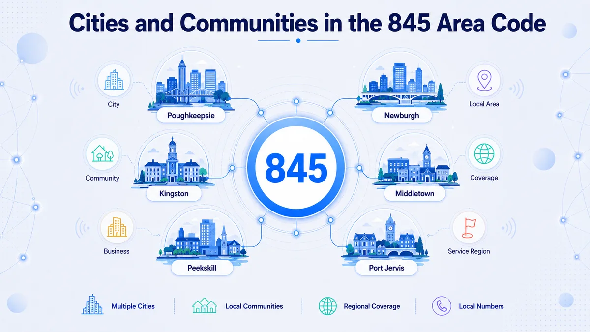 Cities in the 845 area code — Poughkeepsie, Newburgh, Middletown, Kingston, Spring Valley, New City, Port Jervis, New Paltz, Woodstock, Monticello, Hyde Park, and West Point across New York's Hudson Valley