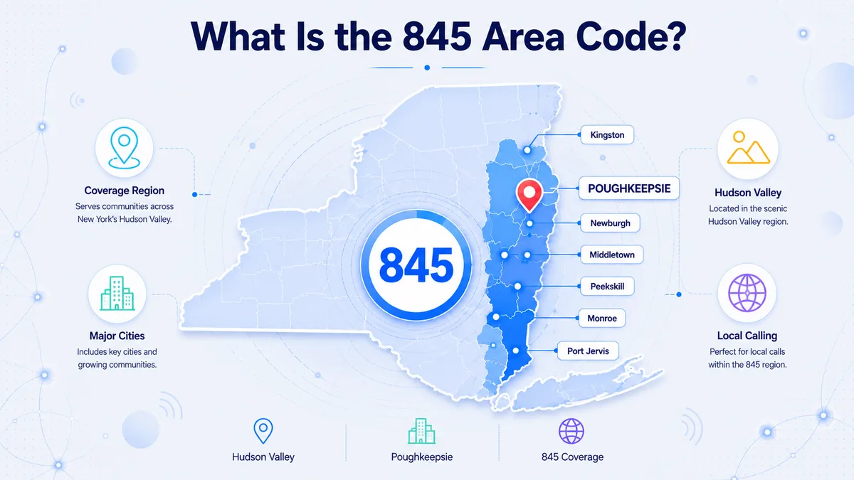 What is the 845 area code — New York Hudson Valley coverage map showing Poughkeepsie, Newburgh, Middletown, Kingston, Spring Valley, Port Jervis, and the Catskill Mountain counties of Sullivan and Ulster