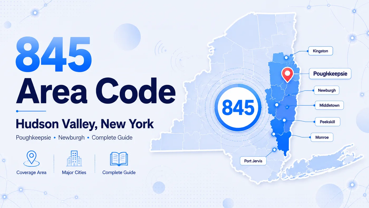 845 area code — New York Hudson Valley coverage map showing Poughkeepsie, Newburgh, Middletown, Kingston, Spring Valley, Port Jervis, and the Catskill Mountain region