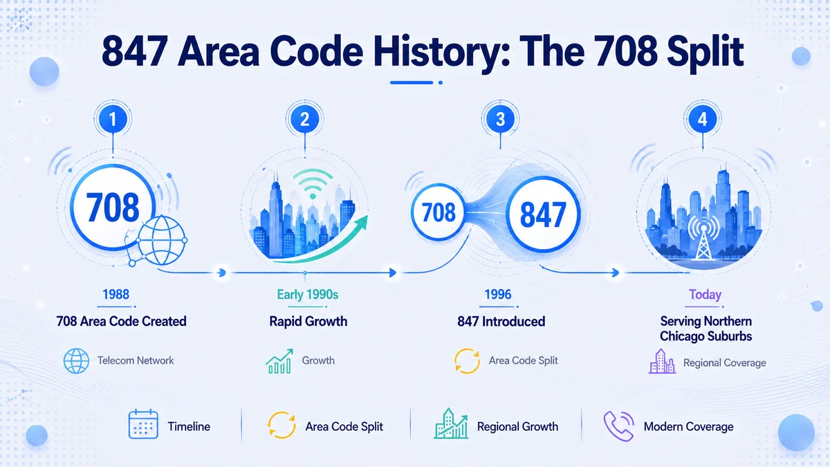 Area code 847 history — Chicago numbering timeline from the original 312 code, the 1989 708 suburban split, the 1996 three-way split creating 847, and the 2002 224 overlay