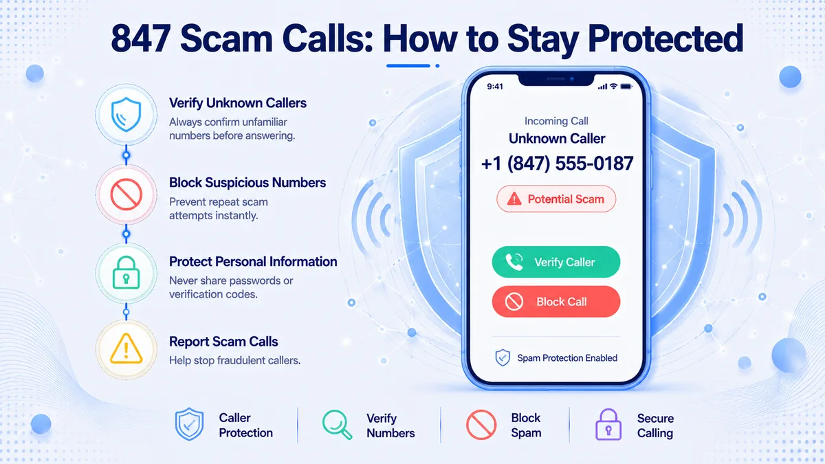 847 scam calls — how to stay protected from spoofed northern Chicago suburbs caller ID, including caller protection, scam alerts, blocking suspicious calls, and verifying unknown 847 numbers