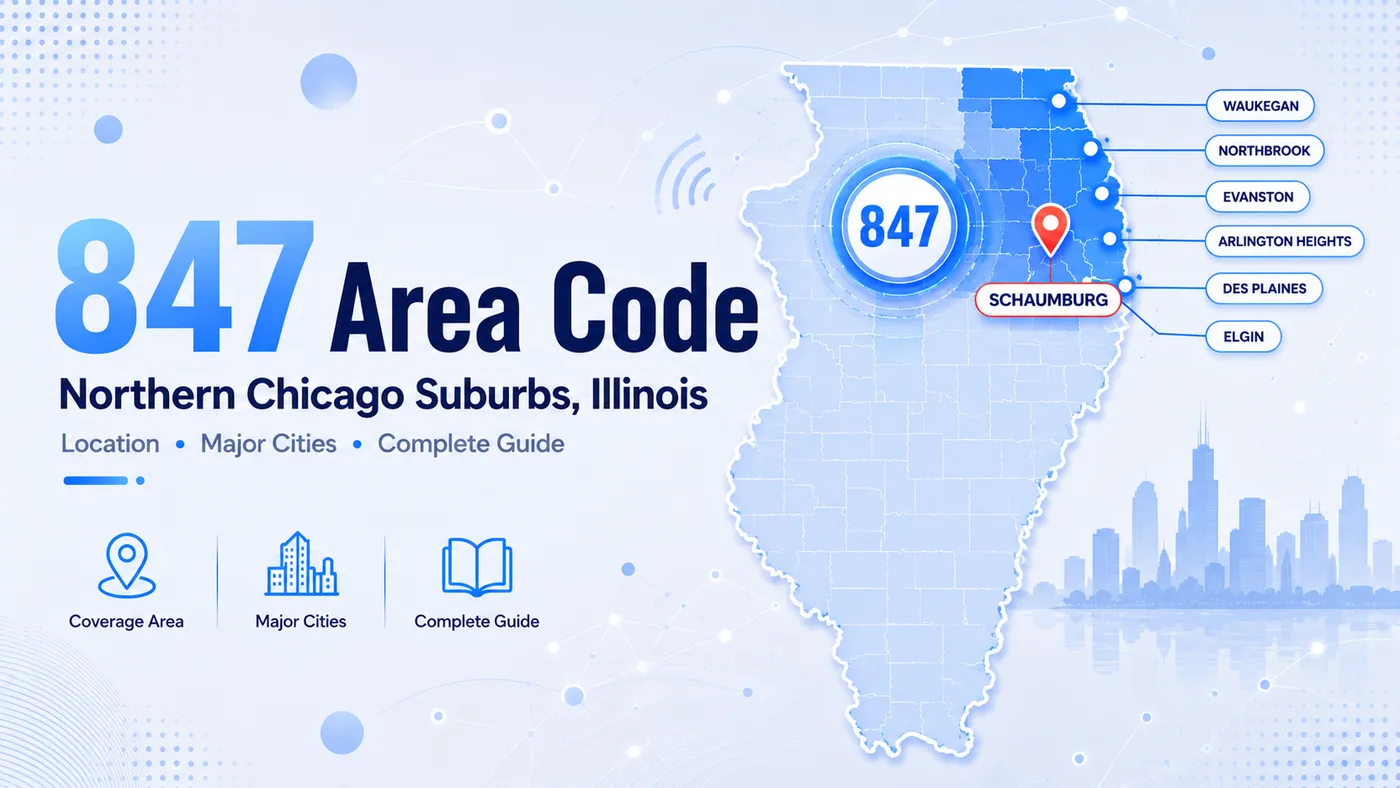 847 area code — northern Chicago suburbs coverage map showing Schaumburg, Evanston, Waukegan, Elgin, Arlington Heights, Skokie, and Lake County, Illinois