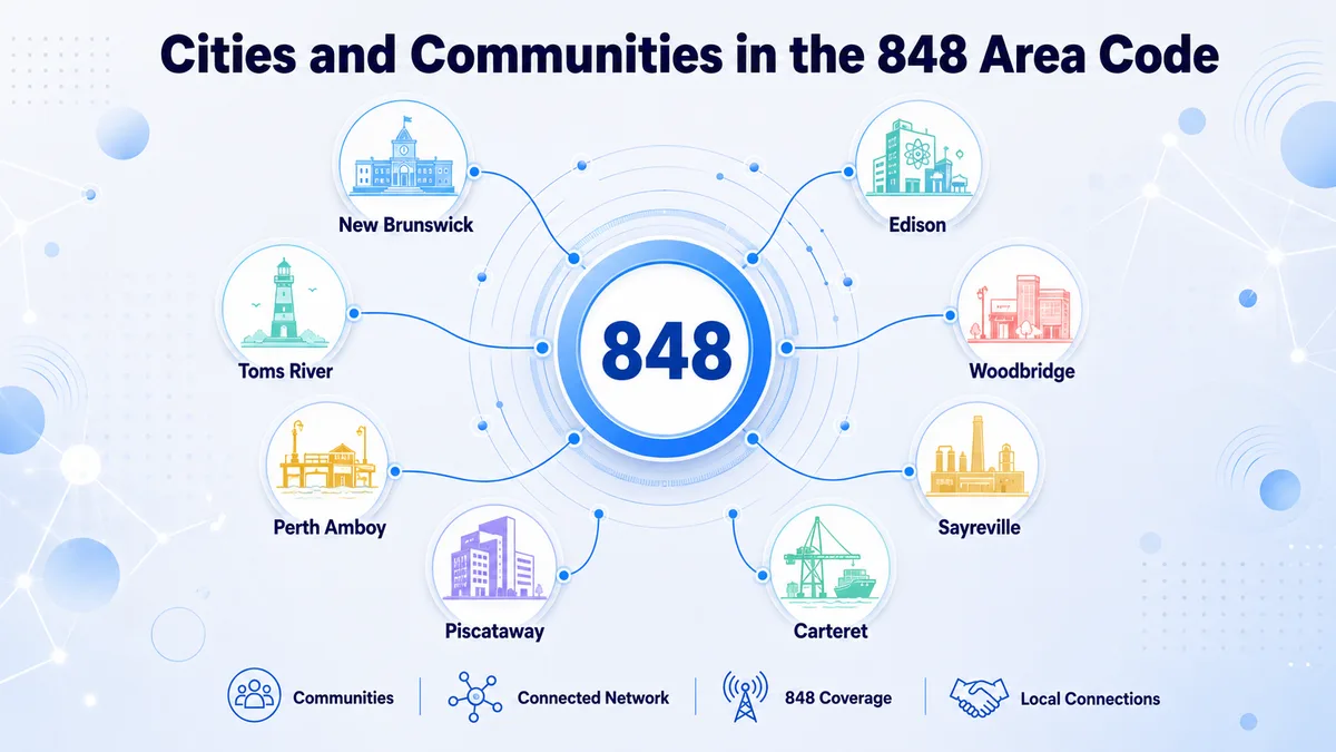 Cities in area code 848 — Toms River, New Brunswick, Edison, Woodbridge, Lakewood, Perth Amboy, Old Bridge, Sayreville, Freehold, Long Branch, and Asbury Park across central New Jersey
