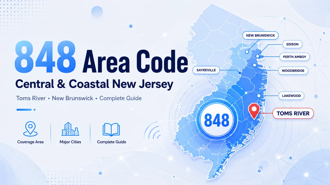 848 area code — central New Jersey and Jersey Shore coverage map showing Toms River, New Brunswick, Edison, Woodbridge, Lakewood, Perth Amboy, Asbury Park, and Freehold